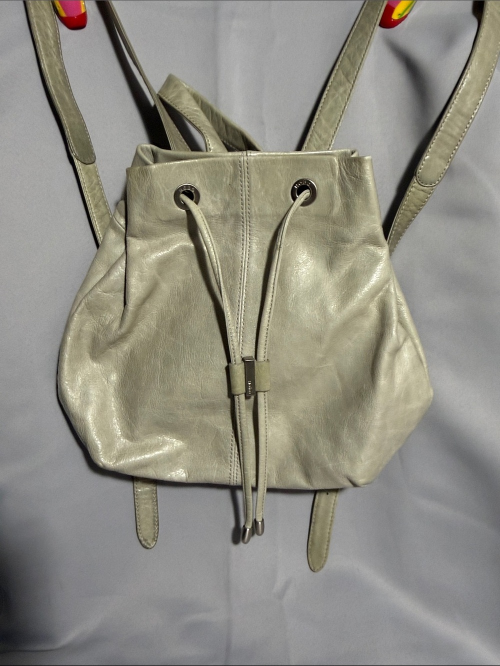 HOBO Leather Drawstring Backpack in Light Gray